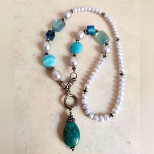 Artisan Handmade Lariat Necklace Silver 925 Genuine Pearls & Stones